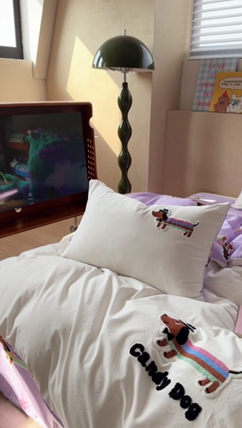 91家纺网 家纺一手货源 找家纺 柚子YOUTH 2024新款40支全棉水洗棉印+绣跑量款四件套 糖果狗