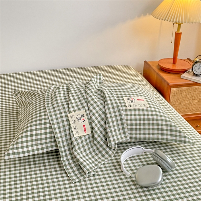 91家纺网 家纺一手货源 找家纺 2025新款水洗棉麻单层枕套宿舍枕芯内胆套枕头套-简约格子 小格-绿