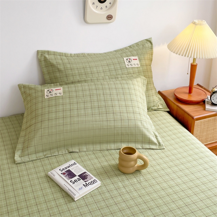 91家纺网 家纺一手货源 找家纺 梦舒羽 2025新款水洗棉麻单层床笠席梦思床垫保护套床单套加枕套-简约格子 线条格-绿
