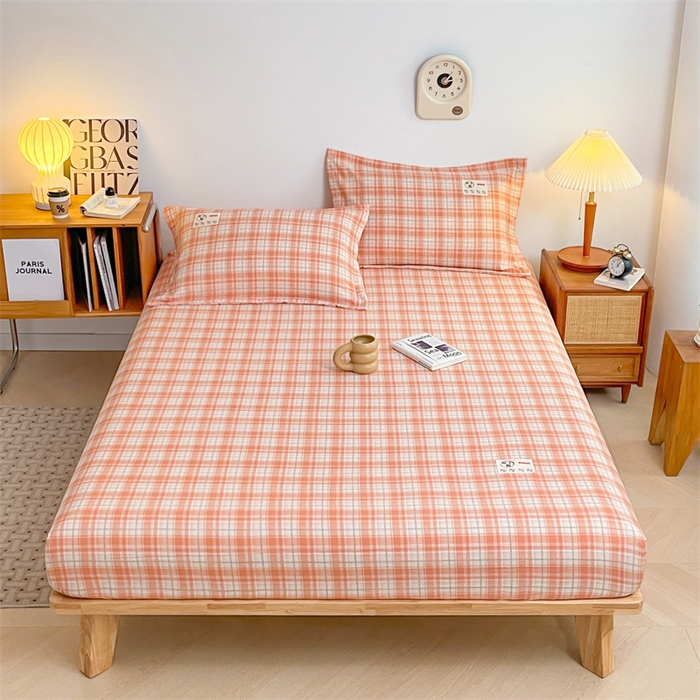 91家纺网 家纺一手货源 找家纺 梦舒羽 2025新款水洗棉麻单层床笠席梦思床垫保护套床单套加枕套-简约格子 线条格-粉玉