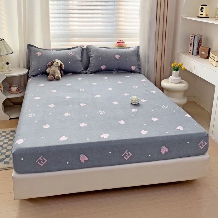 91家纺网 家纺一手货源 找家纺 好亿来家纺 2025新款亲肤磨毛单层床笠 心心相印-灰