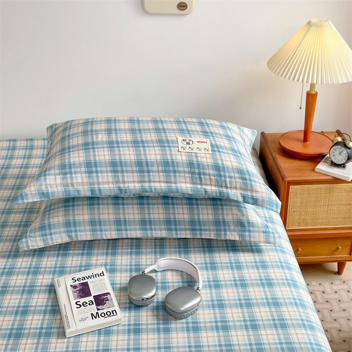 91家纺网 家纺一手货源 找家纺 2025新款水洗棉麻单层枕套宿舍枕芯内胆套枕头套-简约格子 线条格-蓝