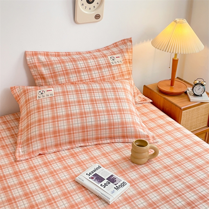 91家纺网 家纺一手货源 找家纺 梦舒羽 2025新款水洗棉麻单层床笠席梦思床垫保护套床单套加枕套-简约格子 线条格-粉玉
