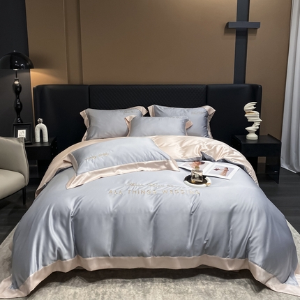91家纺网 家纺一手货源 找家纺 优悦生活馆 2024新款永恒款冰丝刺绣四件套-风格二 永恒-银灰