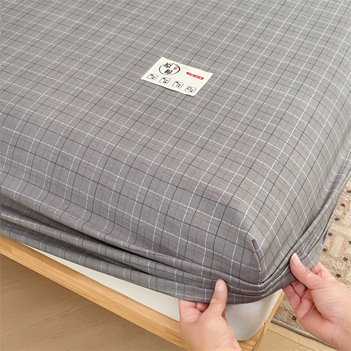 91家纺网 家纺一手货源 找家纺 梦舒羽 2025新款水洗棉麻单层床笠席梦思床垫保护套床单套加枕套-简约格子 线条格-深灰