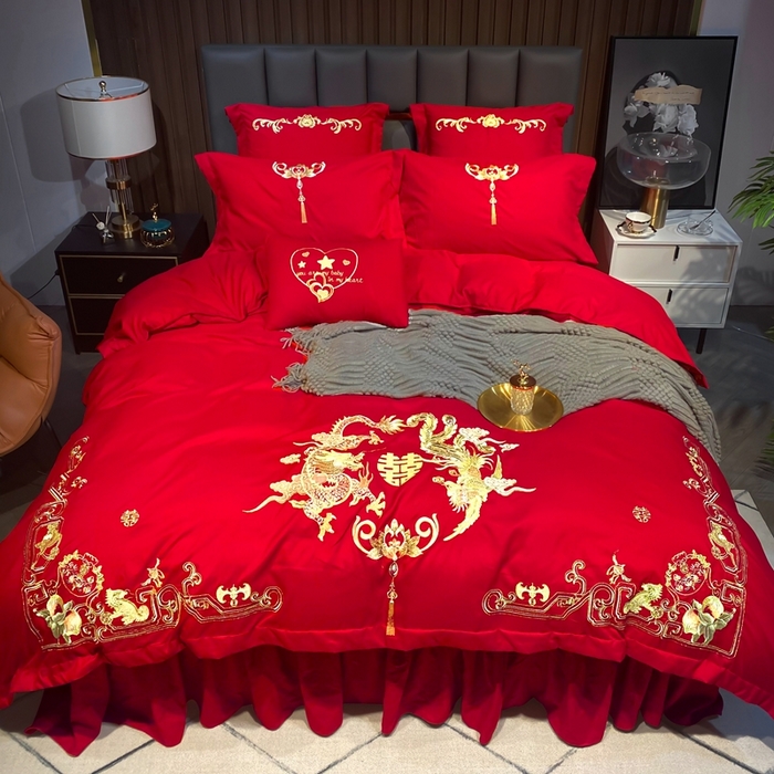 91家纺网 家纺一手货源 找家纺 慕她家纺 2025新款磨毛婚庆四件套结婚刺绣花床品六喜庆 龙凤传情