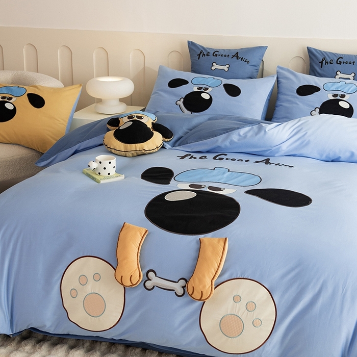 91家纺网 家纺一手货源 找家纺 绒棉世家 2025新款专版贴布绣四件套-大耳狗汪汪队 大耳狗汪汪队-蓝色