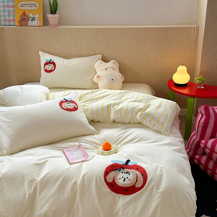 91家纺网 家纺一手货源 找家纺 柚子YOUTH 2024新款40支全棉水洗棉印+绣跑量款四件套 红果果