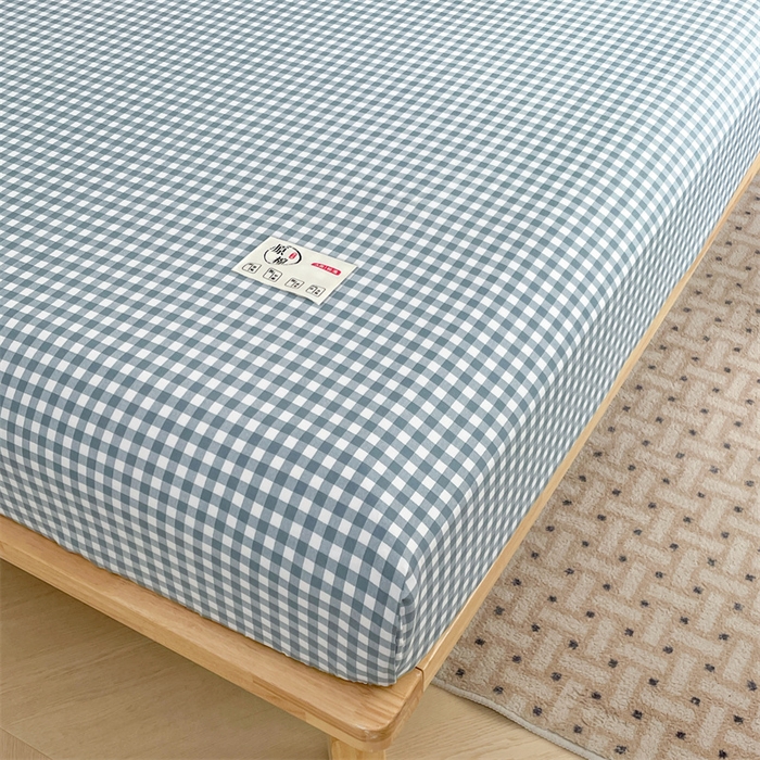 91家纺网 家纺一手货源 找家纺 梦舒羽 2025新款水洗棉麻单层床笠席梦思床垫保护套床单套加枕套-简约格子 小格-蓝