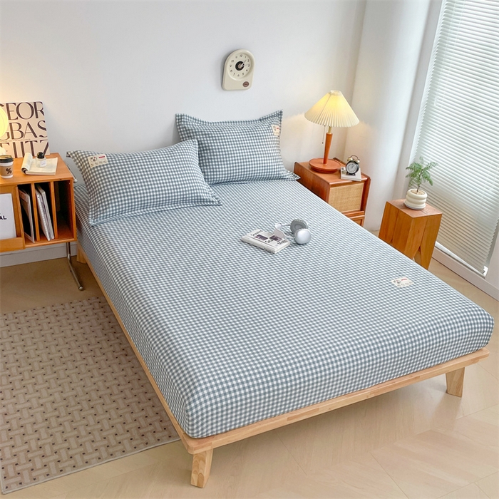 91家纺网 家纺一手货源 找家纺 梦舒羽 2025新款水洗棉麻单层床笠席梦思床垫保护套床单套加枕套-简约格子 小格-蓝