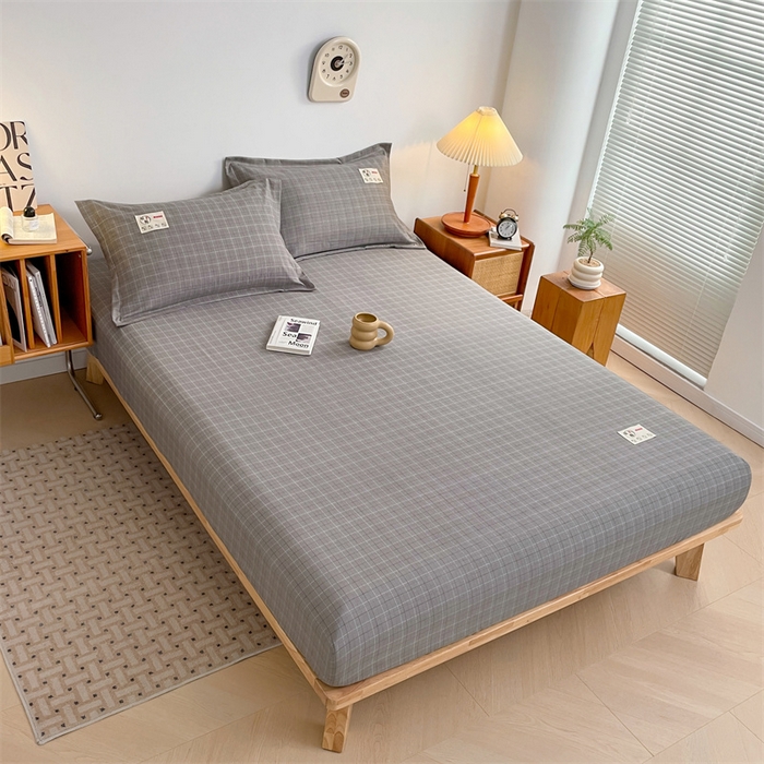 91家纺网 家纺一手货源 找家纺 梦舒羽 2025新款水洗棉麻单层床笠席梦思床垫保护套床单套加枕套-简约格子 线条格-深灰