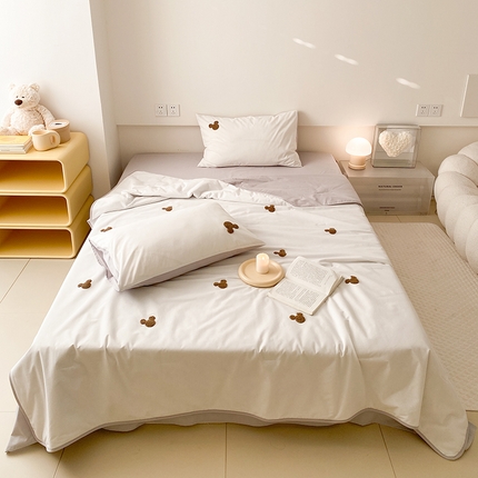 Mr.pig猪先生水洗棉 2024新款迪士尼全棉夏被四件套米奇毛巾绣夏凉被 米奇头双拼浅灰