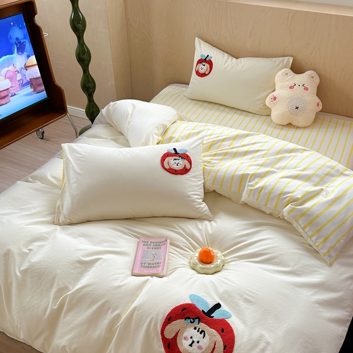 91家纺网 家纺一手货源 找家纺 柚子YOUTH 2024新款40支全棉水洗棉印+绣跑量款四件套 红果果