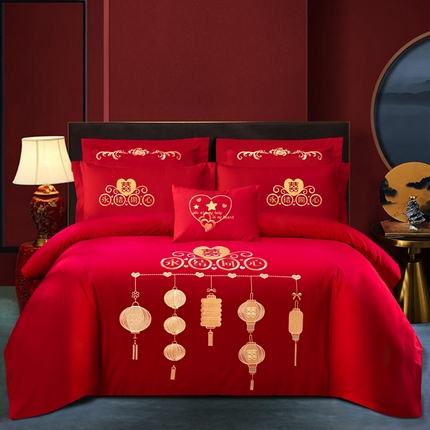 慕她家纺 2025新款磨毛婚庆四件套结婚刺绣花床品六喜庆 张灯结彩