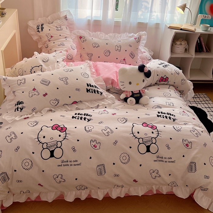 91家纺网 家纺一手货源 找家纺 三朵 2024年全棉白色花边三丽鸥系列四件套 花边-字母KT