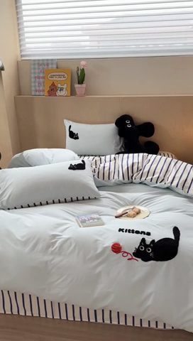 91家纺网 家纺一手货源 找家纺 柚子YOUTH 2024新款40支全棉水洗棉印+绣跑量款四件套 毛线猫