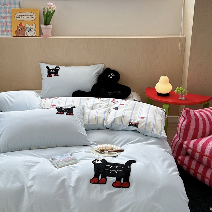 91家纺网 家纺一手货源 找家纺 柚子YOUTH 2024新款40支全棉水洗棉印+绣跑量款四件套 喵喵酱