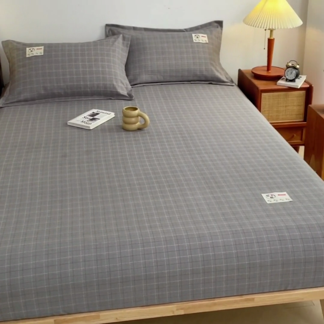 91家纺网 家纺一手货源 找家纺 梦舒羽 2025新款水洗棉麻单层床笠席梦思床垫保护套床单套加枕套-简约格子 线条格-深灰