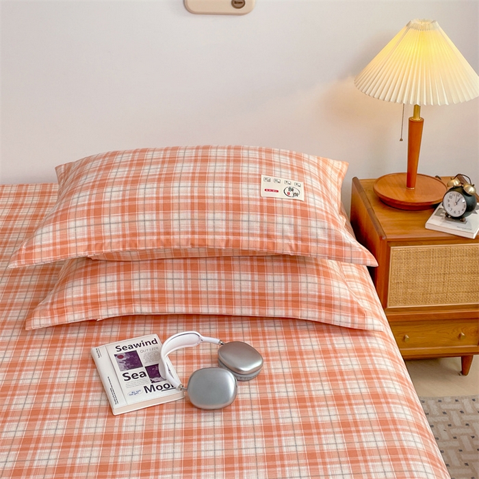 91家纺网 家纺一手货源 找家纺 2025新款水洗棉麻单层枕套宿舍枕芯内胆套枕头套-简约格子 线条格-粉玉