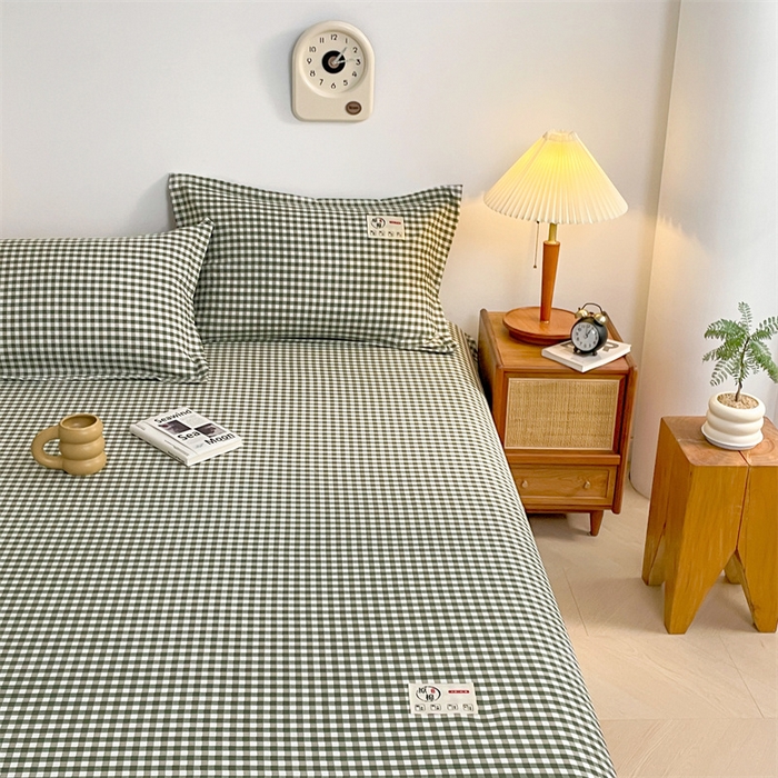 91家纺网 家纺一手货源 找家纺 梦舒羽 2025新款水洗棉麻单层床笠席梦思床垫保护套床单套加枕套-简约格子 小格-绿