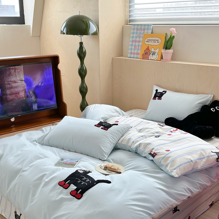 91家纺网 家纺一手货源 找家纺 柚子YOUTH 2024新款40支全棉水洗棉印+绣跑量款四件套 喵喵酱