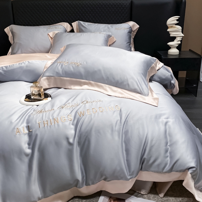 91家纺网 家纺一手货源 找家纺 优悦生活馆 2024新款永恒款冰丝刺绣四件套-风格二 永恒-银灰