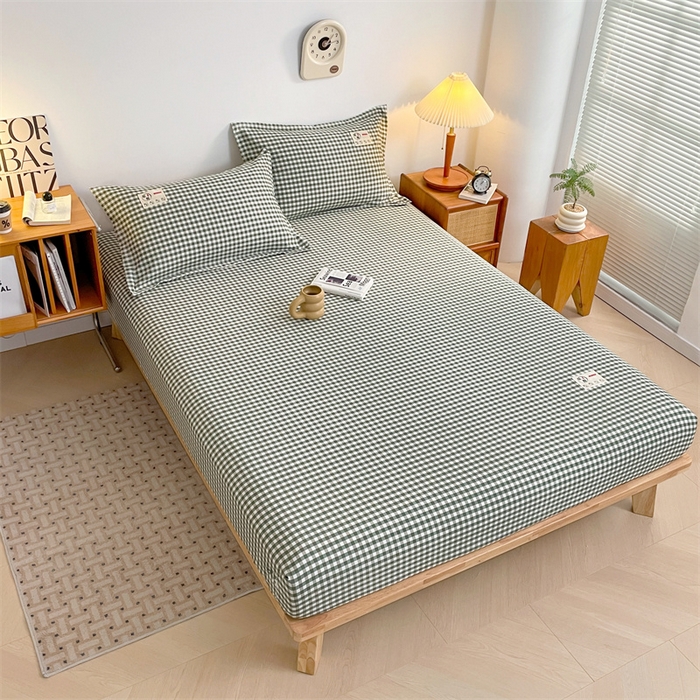 91家纺网 家纺一手货源 找家纺 梦舒羽 2025新款水洗棉麻单层床笠席梦思床垫保护套床单套加枕套-简约格子 小格-绿
