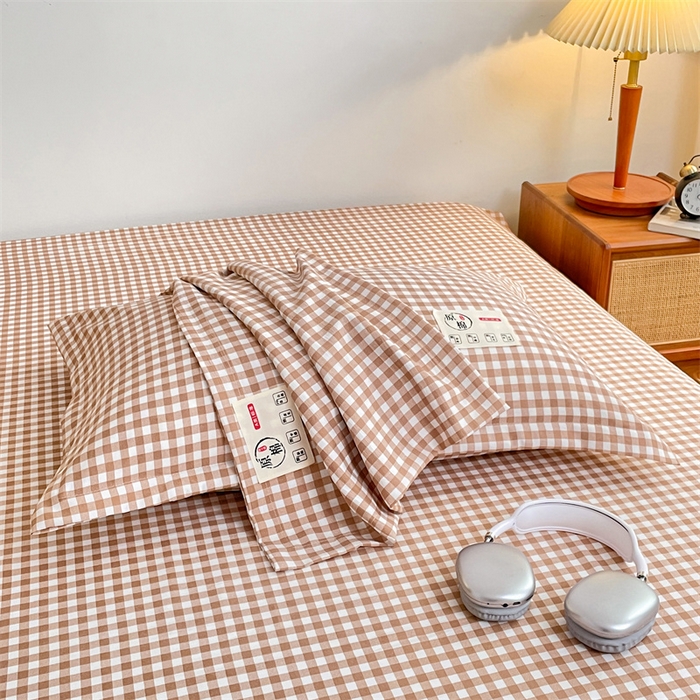 91家纺网 家纺一手货源 找家纺 2025新款水洗棉麻单层枕套宿舍枕芯内胆套枕头套-简约格子 小格-咖