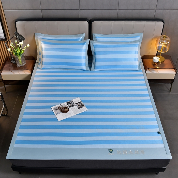 91家纺网 家纺一手货源 找家纺 简一 2024新款A类经典条纹抗菌冰丝席 钴蓝床单款