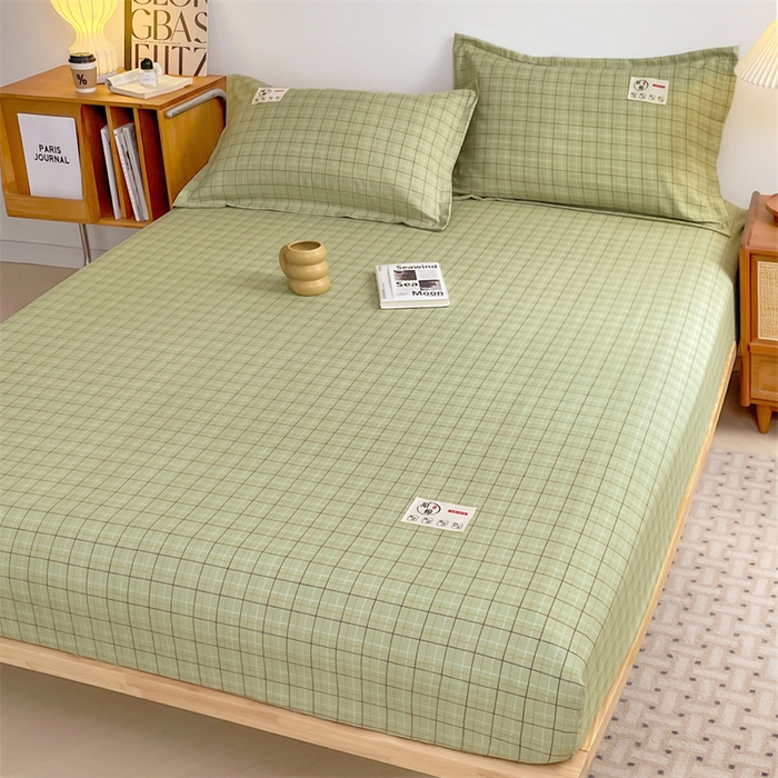 91家纺网 家纺一手货源 找家纺 梦舒羽 2025新款水洗棉麻单层床笠席梦思床垫保护套床单套加枕套-简约格子 线条格-绿