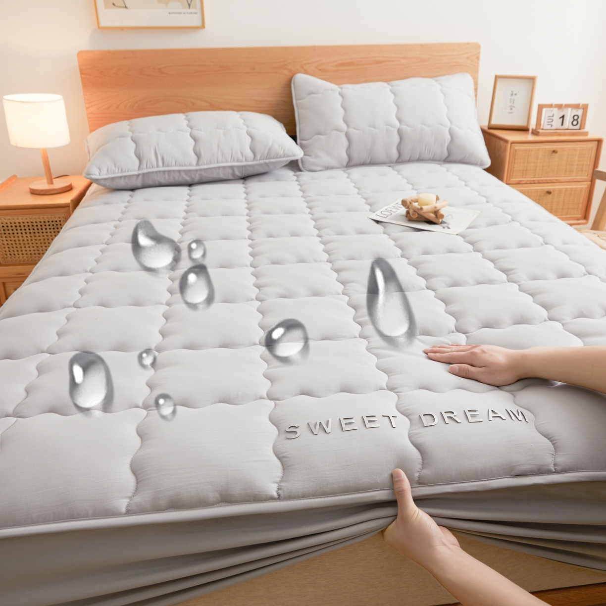 91家纺网 家纺一手货源 找家纺 喜居 2024新款A类水洗棉TPU防水床笠 美梦-雅灰 防水款