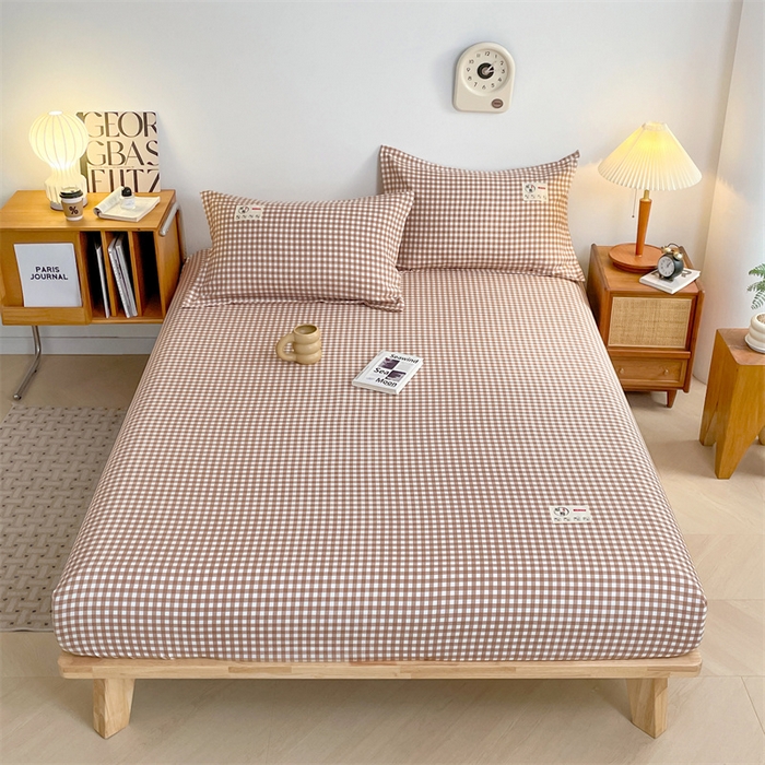 91家纺网 家纺一手货源 找家纺 梦舒羽 2025新款水洗棉麻单层床笠席梦思床垫保护套床单套加枕套-简约格子 小格-咖