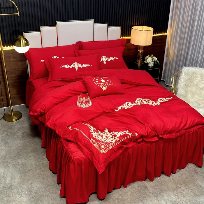 91家纺网 家纺一手货源 找家纺 慕她家纺 2025新款磨毛婚庆四件套结婚刺绣花床品六喜庆 米兰风情