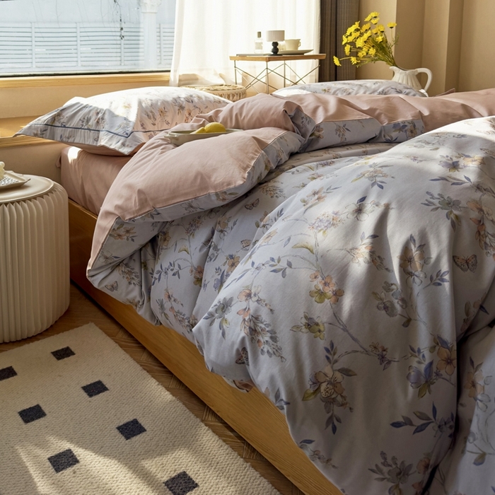 91家纺网 家纺一手货源 找家纺 由丽 2025新款2月全工艺柔棉全棉印花三件套四件套有床笠款 望舒-蓝