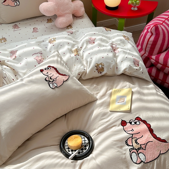 91家纺网 家纺一手货源 找家纺 柚子YOUTH 2024新款40支全棉水洗棉印+绣跑量款四件套 恐龙