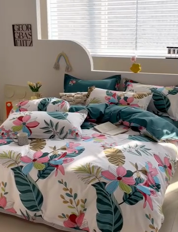 91家纺网 家纺一手货源 找家纺 登登 2024新款直播爆款清新风纯棉全棉三四件套 意境花影