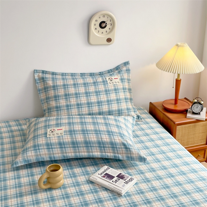 91家纺网 家纺一手货源 找家纺 2025新款水洗棉麻单层枕套宿舍枕芯内胆套枕头套-简约格子 线条格-蓝
