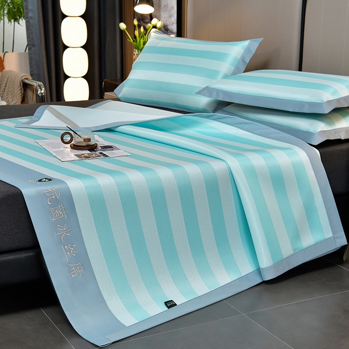 91家纺网 家纺一手货源 找家纺 简一 2024新款A类经典条纹抗菌冰丝席 湖蓝床单款