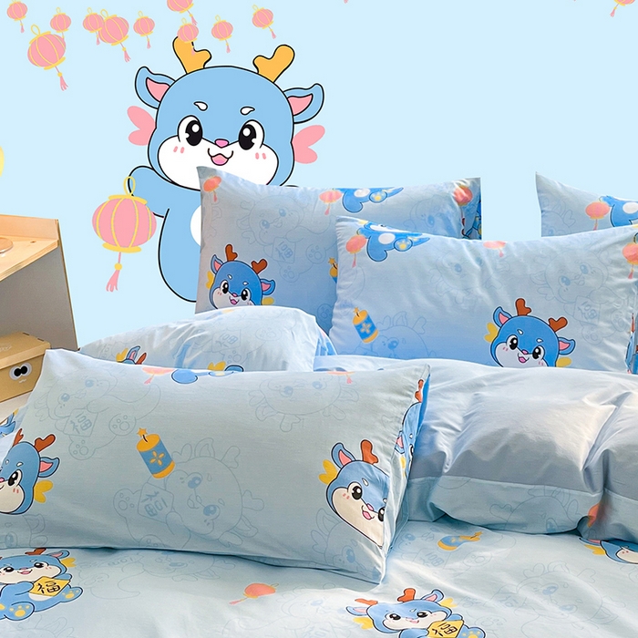 91家纺网 家纺一手货源 找家纺 金鑫汇家纺 2024新款全棉纯棉卡通印花四件套单品系列-单枕套 瑞龙送福