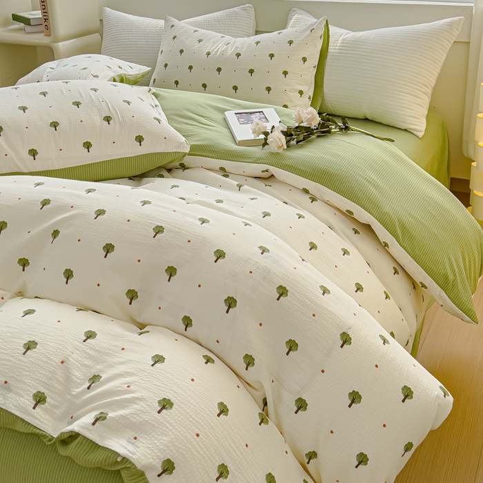 91家纺网 家纺一手货源 找家纺 可思家纺 2024新款A类水洗泡芙棉泡泡纱四件套 小森林