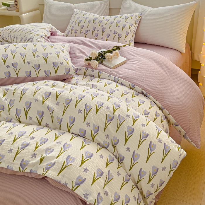 91家纺网 家纺一手货源 找家纺 可思家纺 2024新款A类水洗泡芙棉泡泡纱四件套 紫苏