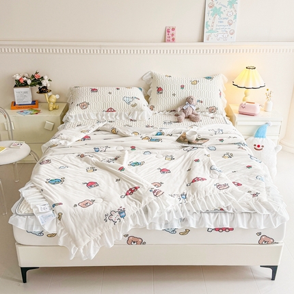 91家纺网 家纺一手货源 找家纺 （总）康纳利 2024新款乳胶床笠印花款花边乳胶凉席三件套夏被四件套乳胶席子