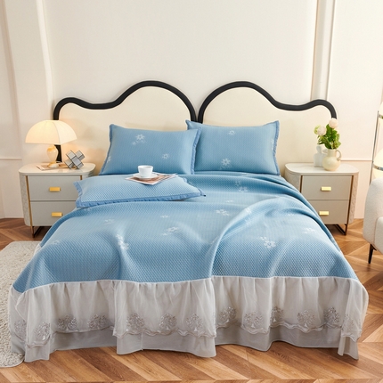 宜派家纺 2024新款雪花冷感席三件套床单式床裙款 樱花-蓝