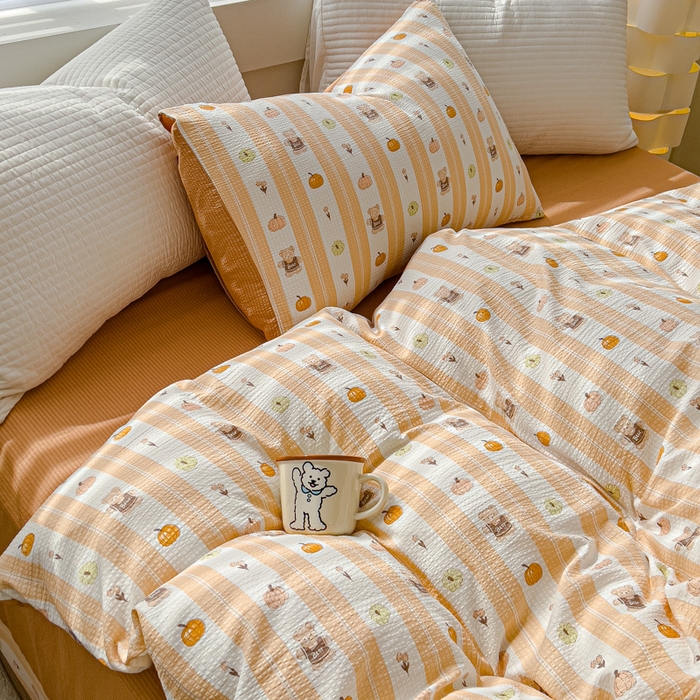 91家纺网 家纺一手货源 找家纺 可思家纺 2024新款A类水洗泡芙棉泡泡纱四件套 南瓜派对