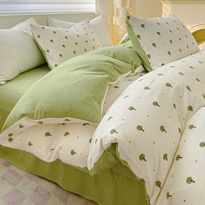 91家纺网 家纺一手货源 找家纺 可思家纺 2024新款A类水洗泡芙棉泡泡纱四件套 小森林