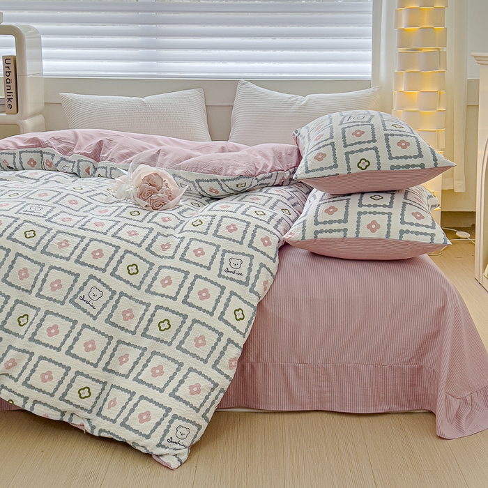 91家纺网 家纺一手货源 找家纺 可思家纺 2024新款A类水洗泡芙棉泡泡纱四件套 库洛米