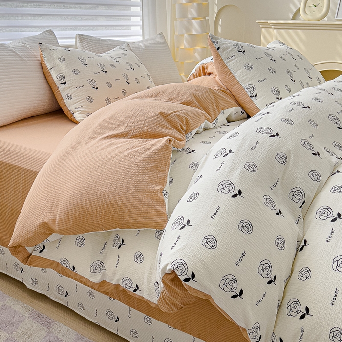 91家纺网 家纺一手货源 找家纺 可思家纺 2024新款A类水洗泡芙棉泡泡纱四件套 小玫瑰