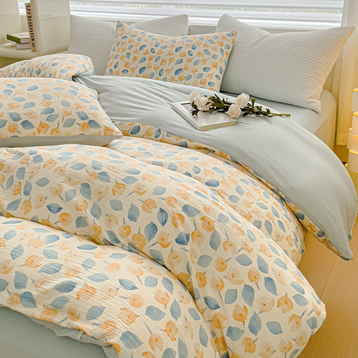 91家纺网 家纺一手货源 找家纺 可思家纺 2024新款A类水洗泡芙棉泡泡纱四件套 采薇-蓝