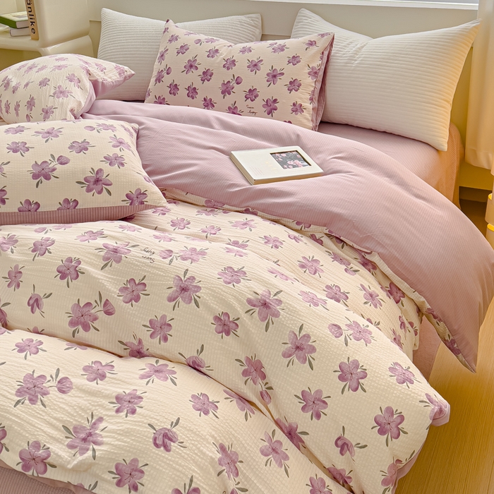 91家纺网 家纺一手货源 找家纺 可思家纺 2024新款A类水洗泡芙棉泡泡纱四件套 小苍兰