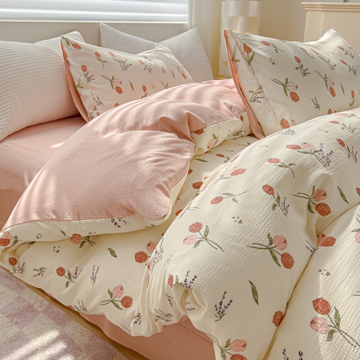 91家纺网 家纺一手货源 找家纺 可思家纺 2024新款A类水洗泡芙棉泡泡纱四件套 花浅语